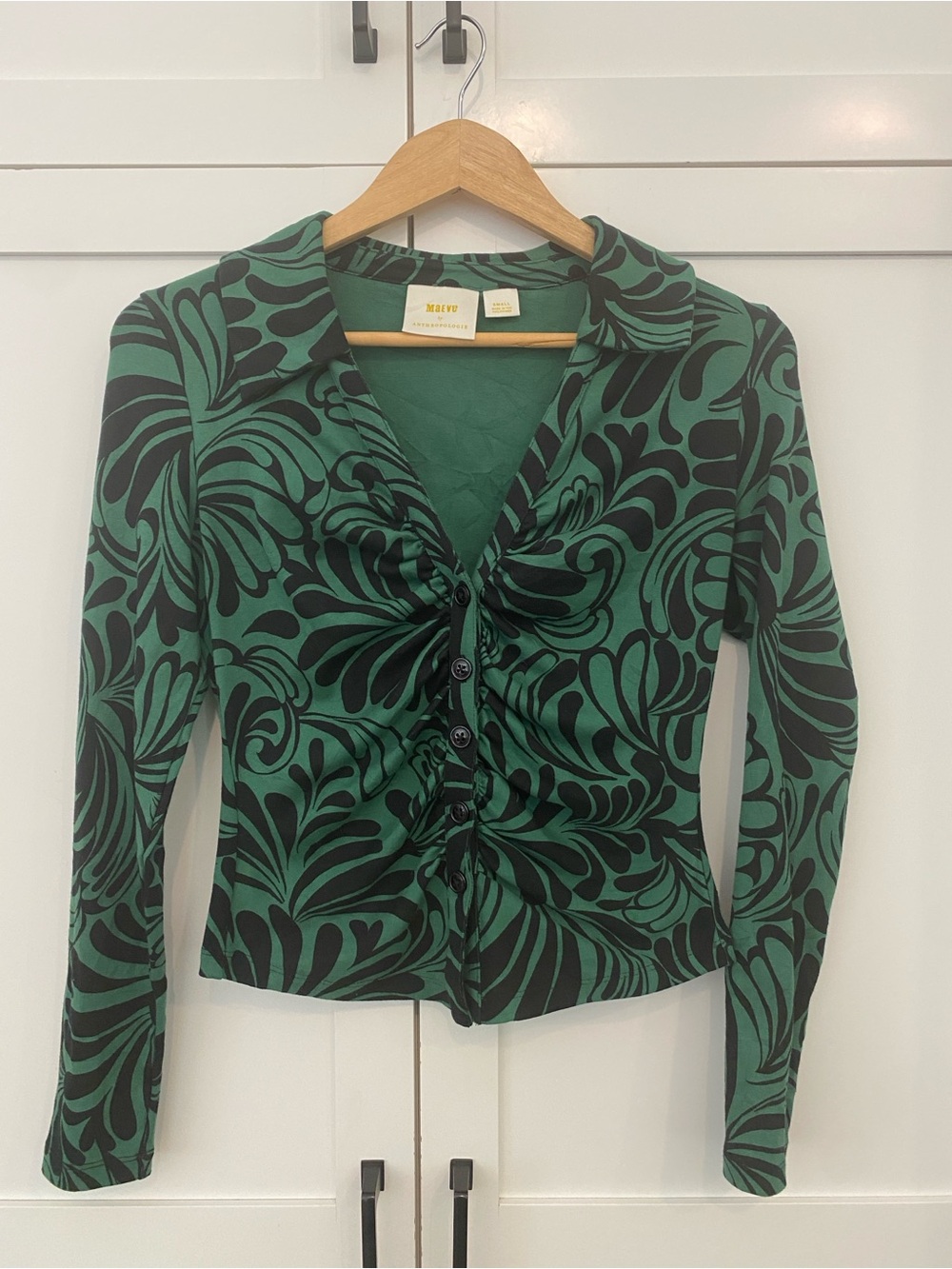 Anthroplogie Green Motif Retro Ruched Buttondown Blouse Shirt Top Long Sleeve S